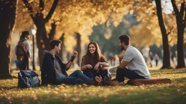 دو پسر و یک دختر در پارک مشغول حرف زدن