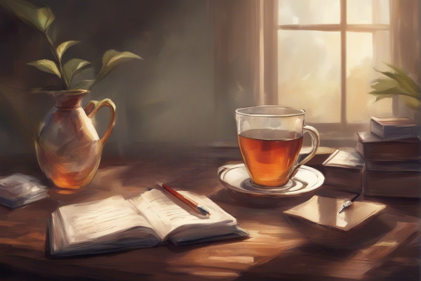تصویر یک لیوان چای که روی میز مطالعه‌ای قرار دارد