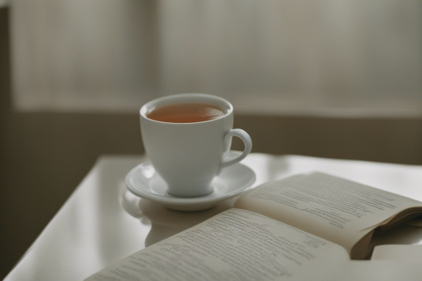 تصویر یک فنجان چای که روی میز کنار کتابی قرار دارد