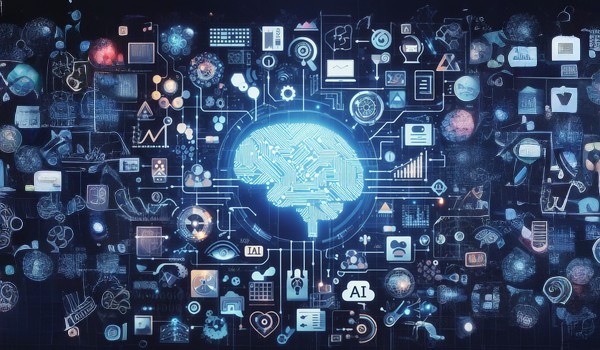 نمایی از مغز که بیان گر هوشمندی است و آیکن هایی که کاربرد AI را نشان می‌دهند.