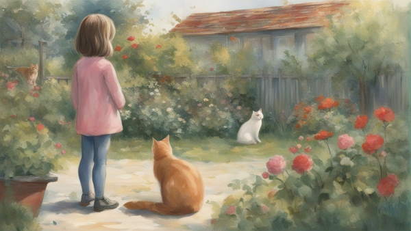 دختری در باغ همراه با دو گربه