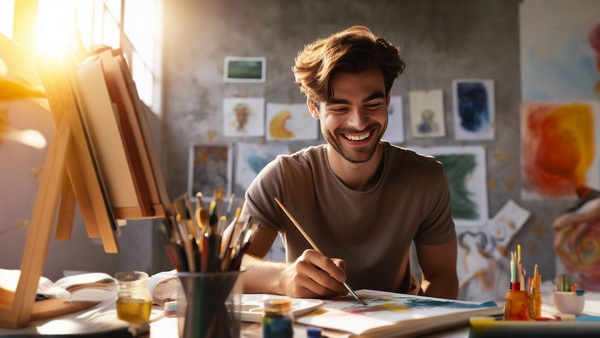 مردی خوشحال در حال نقاشی کشیدن