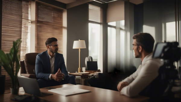 دو مرد در حال مکالمه در دفتر