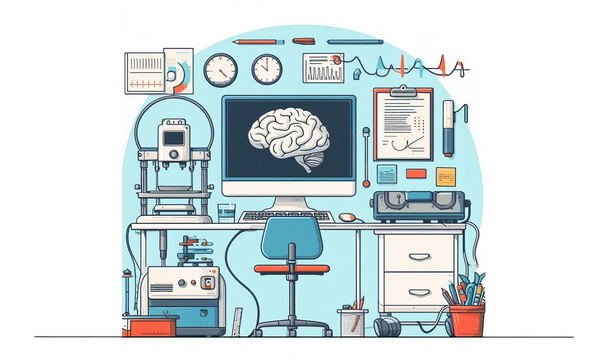 تصویر مغز روی نمایشگر میان ادوات آزمایشگاهی