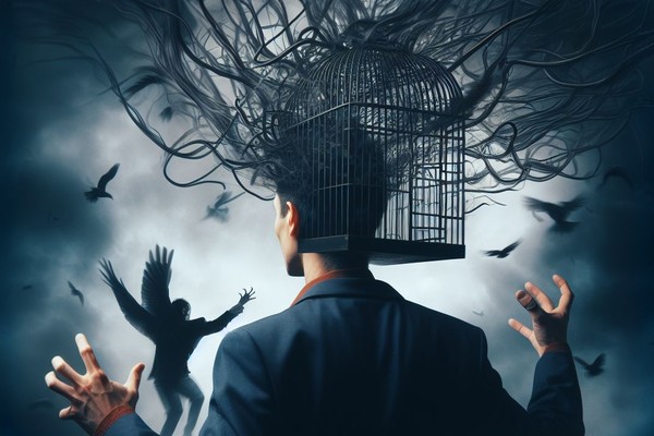 مردی که در یک فضای تیره قفسی در سر دارد و پرنده های داخل قفس در حال خارج شدن هستند. 