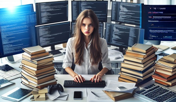 دختری در حال برنامه نویسی پشت به مانتیورهای متعدد و کتاب هایی که به عنوان منابع یادگیری برنامه نویسی استفاده می کند.