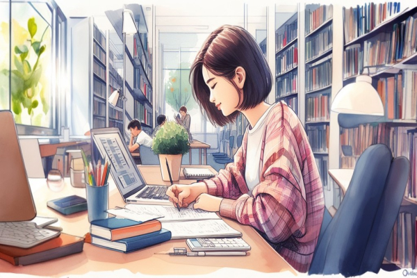 دختر دانشجو در کتابخانه