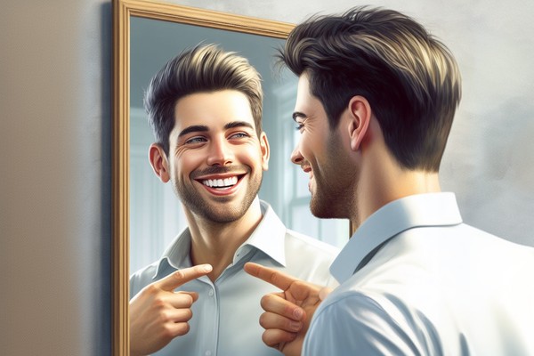 مردی که در حال صحبت کردن در آینه با خودش است. 