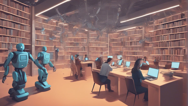 کتابخانه ای که ربات ها در آن در حال خدمت رسانی هستند.