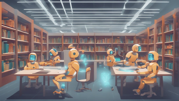 کتابخانه ای که ربات ها در آن در حال مطالعه هستند.