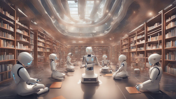 کتابخانه ای که ربات ها در آن در حال مطالعه هستند.