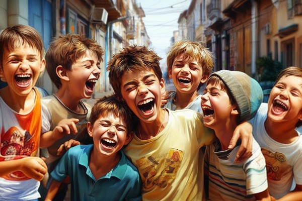 کودکانی که در حال خنده با یکدیگر در یک کوچه هستند.