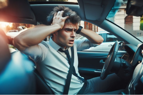 مردی که در هنگام رانندگی سر خود را در دو دست گرفته است.