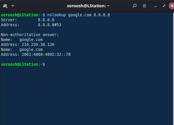 مثالی از کاربرد دستور nslookup در حالت غیر تعاملی با آرگومان server