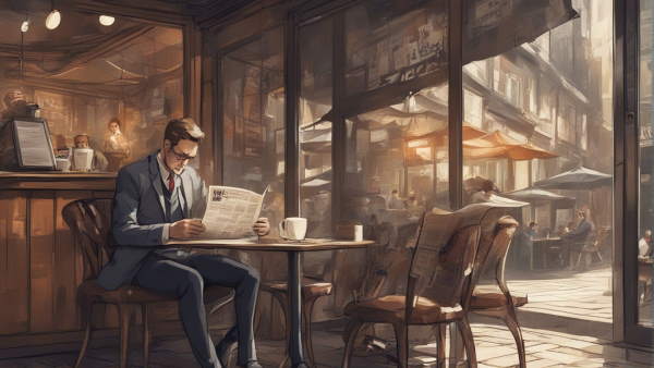 مردی در حال روزنامه خواندن در کافه