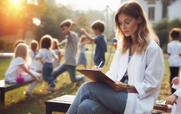 دانشمند خانم در حال مطالعه کنار کودکان