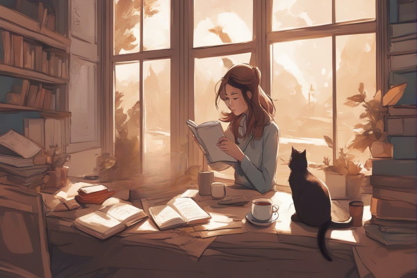 تصویر دانش‌آموزی که کنار پنجره همراه گربه‌اش نشسته است و مطالعه می‌کند