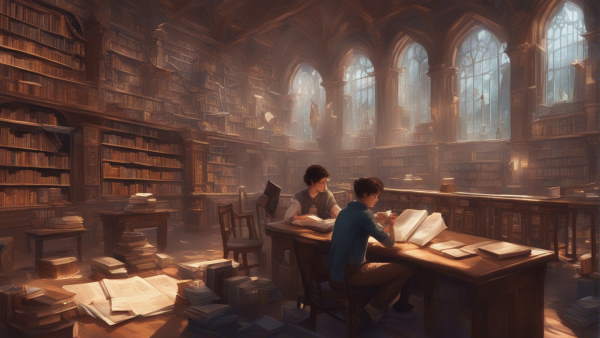 دو پسر در حال مطالعه در کتابخانه