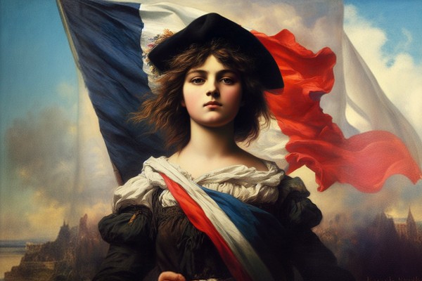 زنی فرانسوی در مقابل پرچم فرانسه
