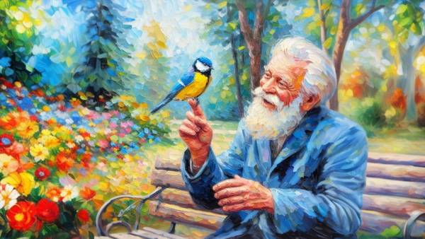 نقاشی لکه رنگ - پیرمرد و پرنده - تماشای یک پرنده با لذت