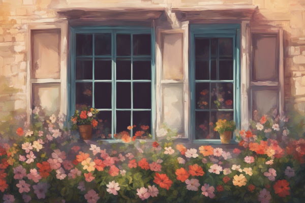 پنجره‌ای با گل‌های رنگارنگ روبه‌روی آن