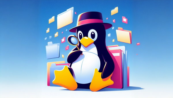 یک پنگوئن لینوکس با کلاه کارآگاهی نشسته پشت به چندین پوشه با یک ذره بین در دست - دستور find در لینوکس