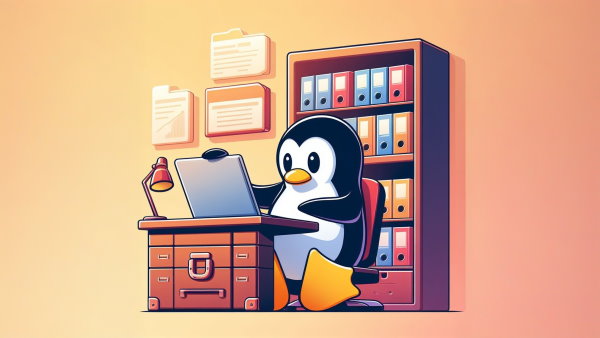یک پنگوئن لینوکس نشسته پشت یک میز پشت به یک قفسه زونکن در حال باز کردن لپ تاپ