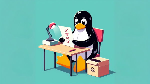 یک پنگوئن لینوکس نشسته پشت یک میز کنار یک جعبه در حال مشاهده یک کاغذ با چند گزینه و تیک
