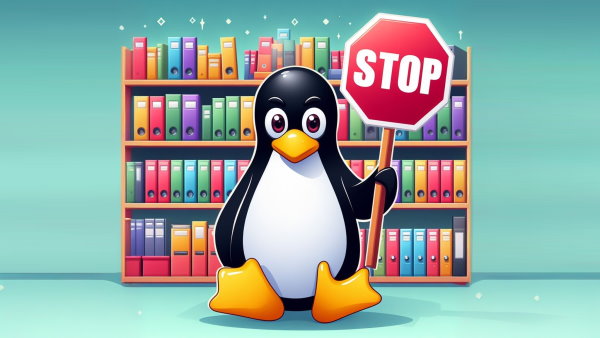 یک پنگوئن لینوکس پشت به یک قفسه زونکن با یک علامت ایست در دست - دستور find در لینوکس