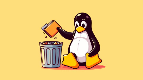 یک پنگوئن لینوکس در حال انداختن یک پوشه در سطل آشغال - دستور find در لینوکس