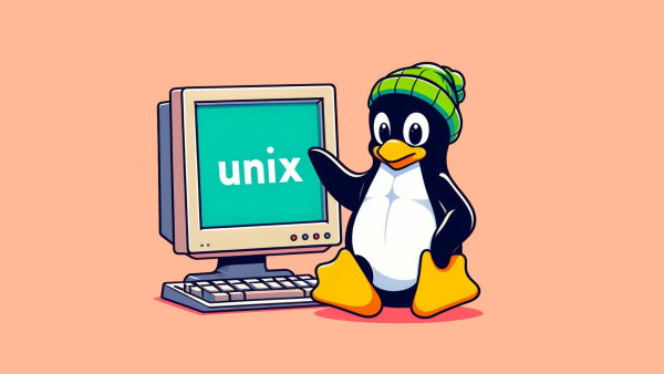 پنگوئن لینوکس نشسته کنار یک مانیتور و کیبورد قدیمی با کلمه  unix - تفاوت لینوکس و یونیکس