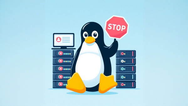 پنگوئن لینوکس با یک علامت ایست در دست، چند سرور در پس زمینه - تغییر پسورد سرور لینوکس
