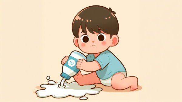 یک کودک در حال ریختن شیر روی زمین