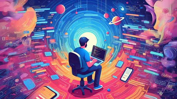 یک شخص در فضایی انتزاعی متشکل از المان های کهکشان و موبایل و نوشته، شخص نشسته روی صندلی در حال کار با لپ تاپ روی پا