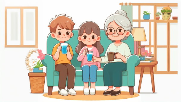 یک خواهر و برادر با یک لیوان آب در دست به همراه مادربزرگ با یک فنجان قهوه در دست نشسته روی مبل