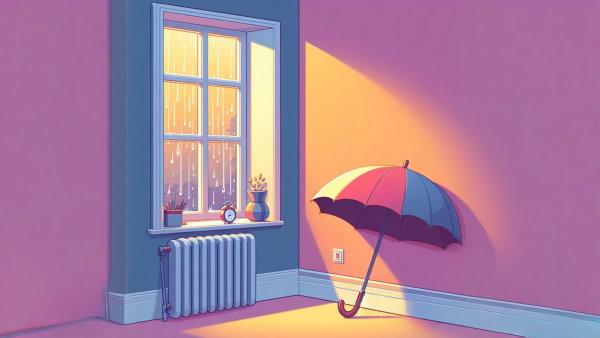 یک چتر تکیه داده به دیوار در کنار پنجره در هنگام بارش باران - جمله خبری به انگلیسی
