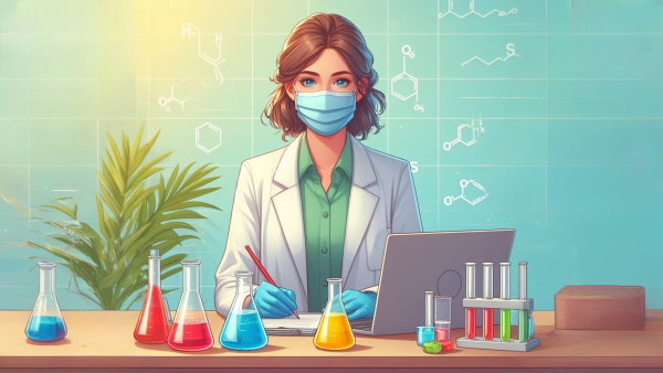 یک خانم دانشمند با ماسک و روپوش نشسته پشت میز در حال کار با لپ تاپ و چندین ظرف محلول شیمیایی - اسید ها و باز ها