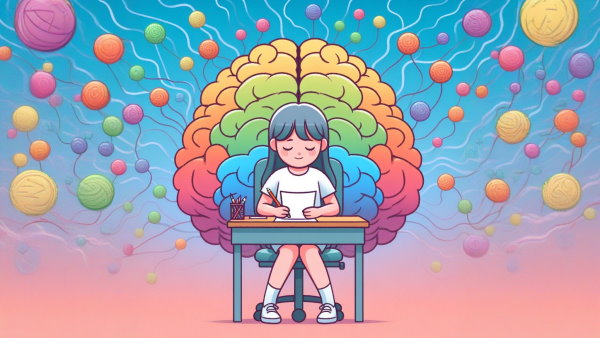 دختربچه ای نشسته پشت میز با یک کاغذ در دست و تصویر مغز و نورون های آن در پس زمینه