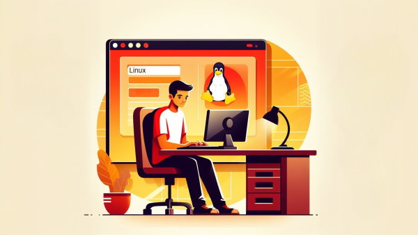 یک مرد جوان نشسته پشت میز در حال کار با کامپیوتر، یک صفحه لاگین با لوگوی لینوکس در پس زمینه - تغییر پسورد سرور لینوکس
