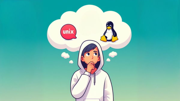 یک پسر جوان با هودی در حال فکر کردن به پنگوئن لینوکس و کلمه unix - تفاوت لینوکس و یونیکس