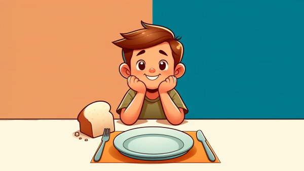 یک پسربچه خوشحال با یک ظرف خالی غذا در مقابلش و یک تکه نان در کنار ظرف
