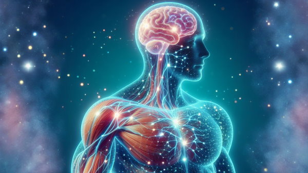 بالاتنه بدن یک انسان به همراه مغز که از طریق شبکه ای مانند رشته های نور به دیگر عضلات وصل می شود