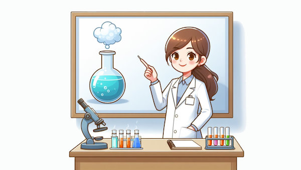 یک دانشمند خانم در حال اشاره به تصویر شیشه محلول با بخار در تخته پشت سرش - انواع نمک