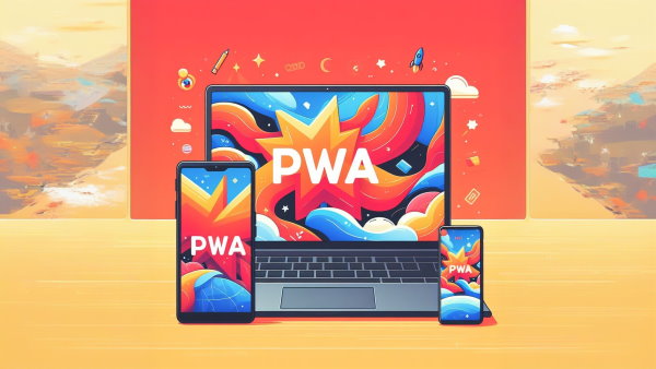 یک لپ تاپ، تب لت و تلفن هوشمند که همگی کلمه PWA را نمایش می دهند