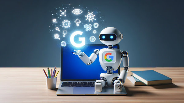 یک ربات با لوگوی گوگل نشسته روی لپ تاپ در کنار کتاب و جامدادی روی میز
