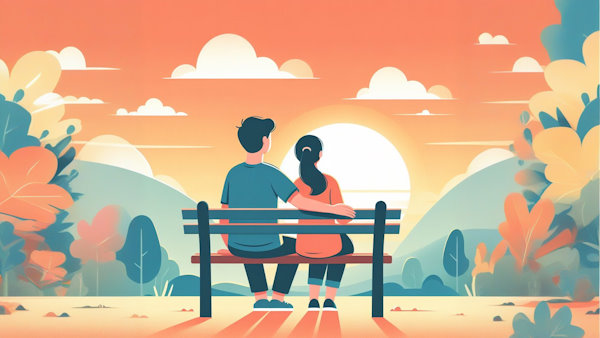 یک زن و مرد نشسته روی نیمکت در فضای باز در حال تماشای غروب آفتاب