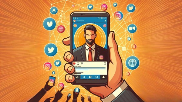 یک تلفن همراه در دست در حال نمایش صفحه شبکه اجتماعی و نمادهای شبکه های اجتماعی در پس زمینه - نوشتن طرح کسب و کار