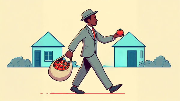 یک مرد با یک کیشه پر از گوجه در دست در حال راه رفتن