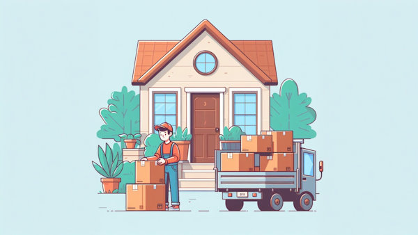 یک مرد در حال قرار دادن جعبه در پشت کامیون در مقابل یک خانه