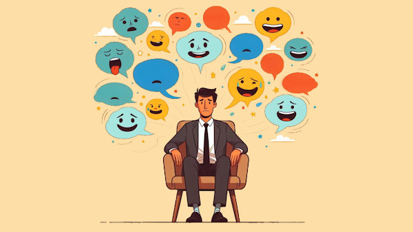 یک مرد نشسته روی صندلی با احساسات روی سرش - روانشناسی چیست